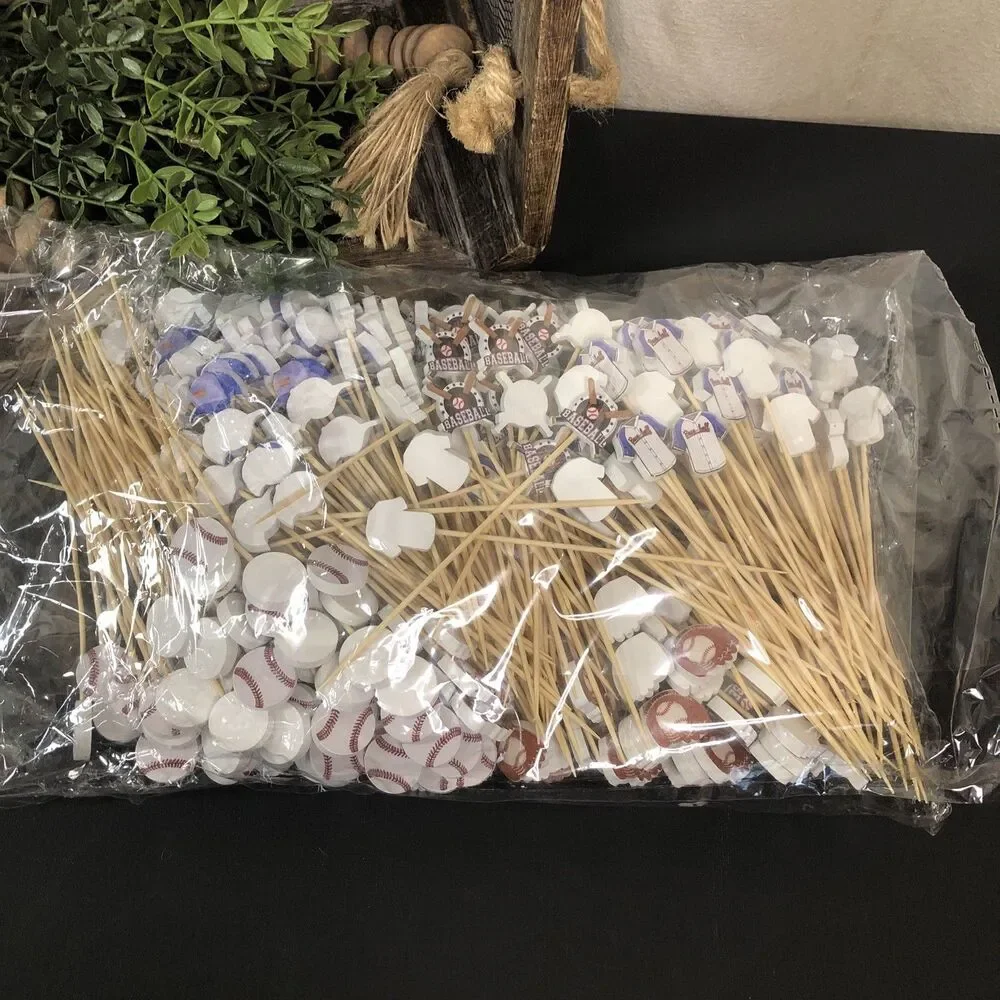 200+ ct. Baseball Theme Cupcake, Food, Cake Topper B-Day Wood Party Picks
